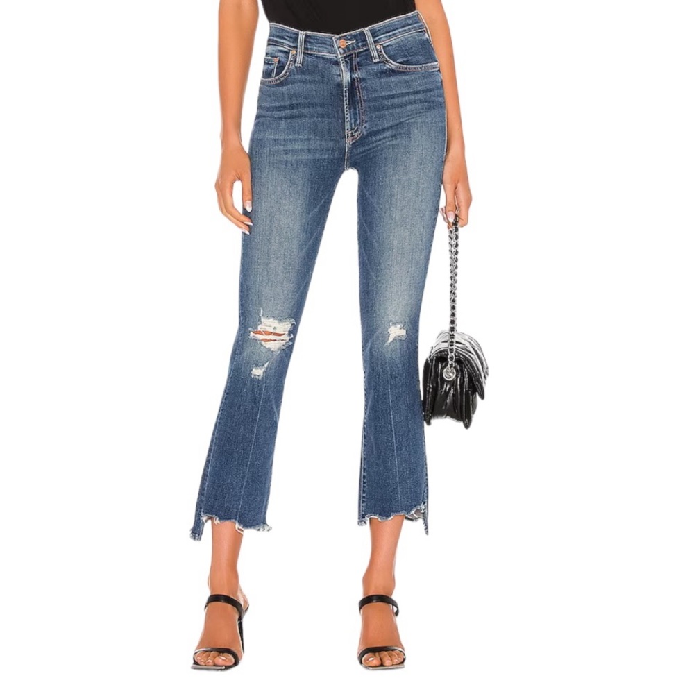 MOTHER High Rise Distressed Cropped Flare Jeans - Medium Blue